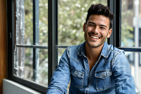 Portrait of a handsome young man smiling and looking at the cameraの素材