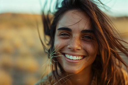 Close up portrait of a beautiful young woman with long brown hair on the beachの素材