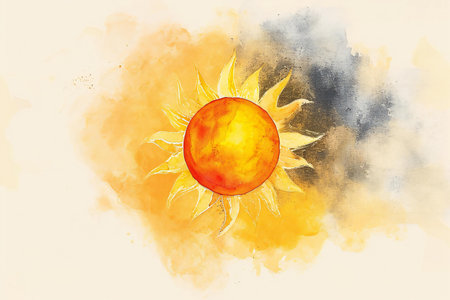 Sun on watercolor background. Hand drawn watercolor illustration with sun.の素材