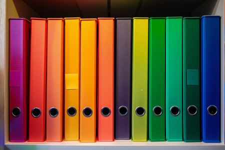 Colorful office folders on the shelf in the office. Close upの素材