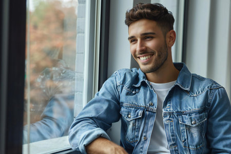 Portrait of a handsome young man sitting at the window and smilingの素材