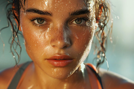 Closeup portrait of young beautiful woman with wet hair and wet skinの素材