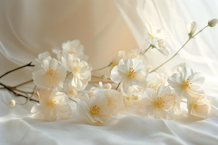 Beautiful white jasmine flowers on white fabric, closeupの素材