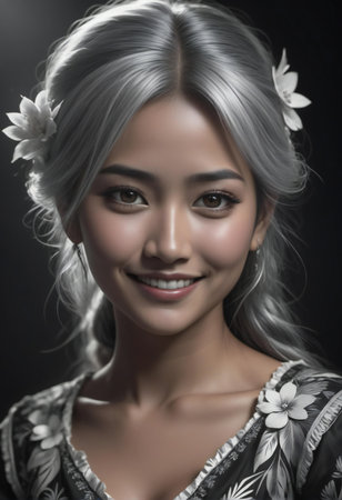 Portrait of a beautiful asian woman with white flowers in her hairの素材