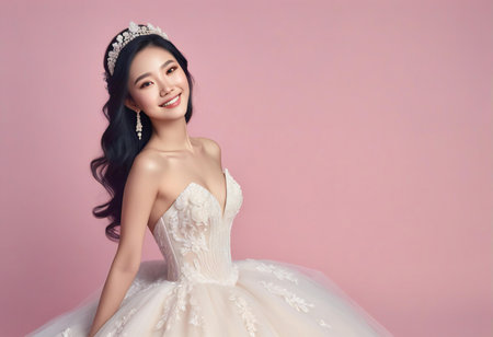 Beautiful asian bride in white wedding dress and tiara.の素材