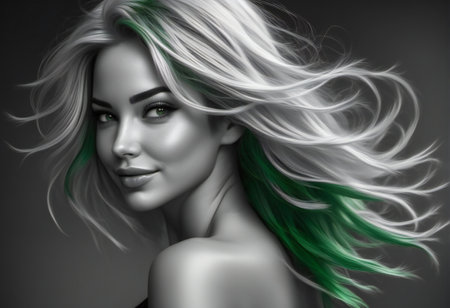 illustration of a beautiful woman with green hair and white skinの素材