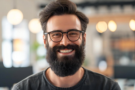 portrait of smiling bearded man in eyeglasses at barbershopの素材