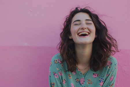 Portrait of a beautiful young woman laughing on a pink wall backgroundの素材