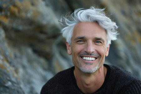 Portrait of a handsome middle aged man with grey hair on the beachの素材