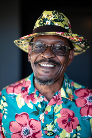 Portrait of a smiling senior African man wearing a hat and sunglassesの素材