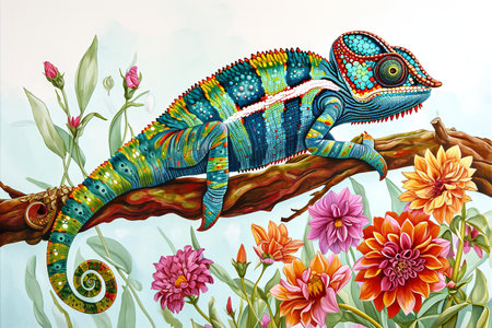Chameleon on a branch with flowers. Watercolor illustration.の素材