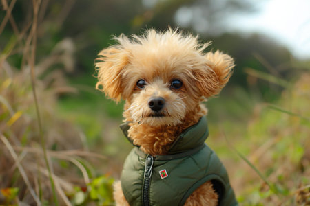 A cute mixed breed dog in a green jacket on a walk.の素材