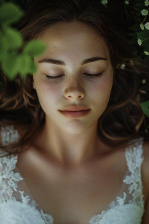 Portrait of a beautiful girl in a white lace dress on a green backgroundの素材