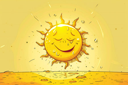 Illustration of a smiling sun on a yellow background with copy spaceの素材