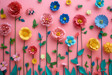 Flowers composition. Colorful paper flowers on pink background. Flat lay, top view, copy spaceの素材
