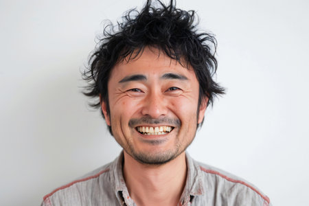 Portrait of a happy Asian man smiling on white background with copy spaceの素材