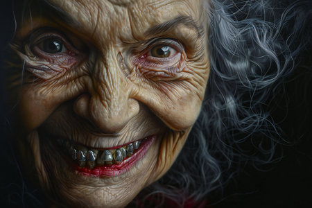 Portrait of an old woman with a smile on her face.の素材