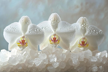 White orchids on the white ice cubes with water drops.の素材