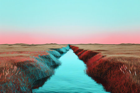 a landscape with a river and reeds at sunsetの素材