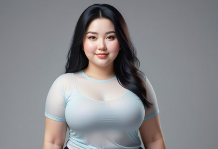 Portrait of a fat Asian woman in a white top on a gray backgroundの素材