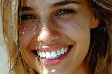 Close-up portrait of a beautiful smiling woman with white teeth.の素材