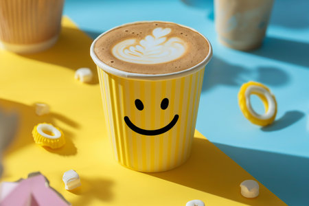 Cup of coffee with smiley face on yellow and blue backgroundの素材