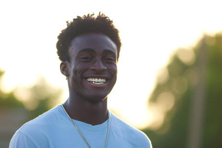 Portrait of a happy young african american man smiling outdoorsの素材