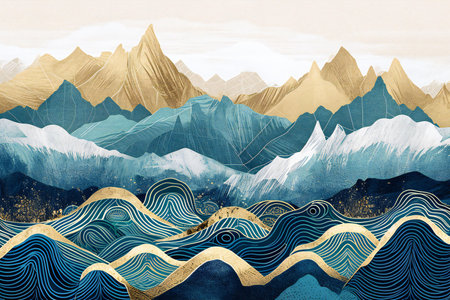 Watercolor mountains and blue sky with clouds. Hand drawn illustration.の素材