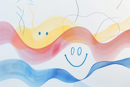 Smiling face painted on a sheet of paper with colorful ribbonsの素材