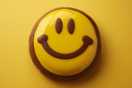 Chocolate cake with smiley face on yellow background, top viewの素材