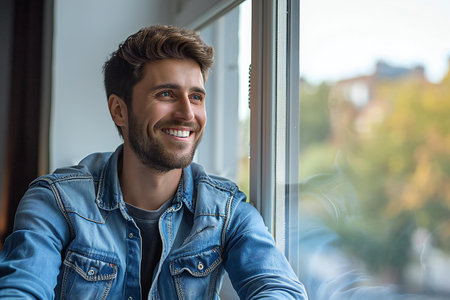 Portrait of handsome young man looking out the window and smiling.の素材