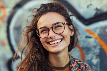 Portrait of a beautiful young woman with glasses on graffiti background.の素材