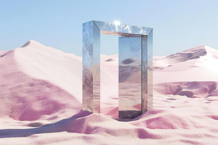 an open door in the desert with sand dunesの素材