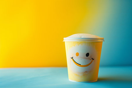 Paper cup of coffee with smiley face on yellow and blue backgroundの素材