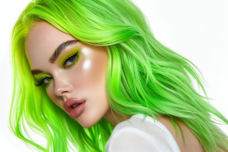 Beautiful girl with green hair and bright make-up on white backgroundの素材