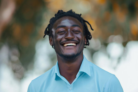 Close up portrait of a young african american man smiling outdoorsの素材