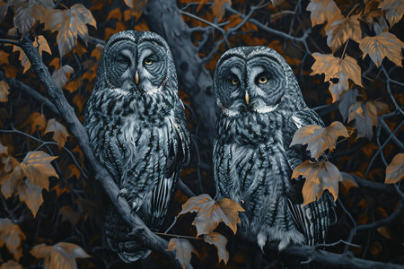 Two owls sitting on a branch in the autumn forest. Toned.の素材