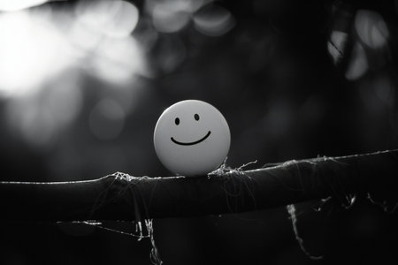 Smiling face on a white plastic ball on a tree branch.の素材