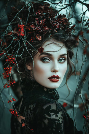 Portrait of a beautiful girl in a wreath of red berriesの素材
