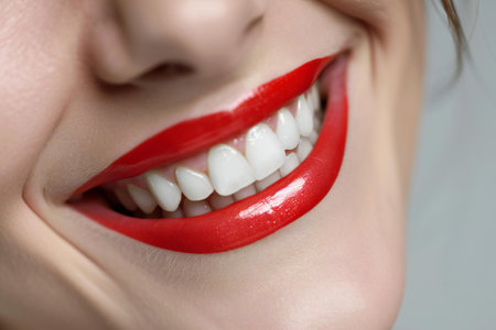 Beautiful woman smile with red lips and white teeth. Close-up shot.の素材