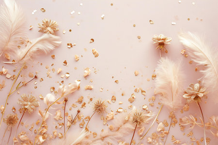 Flowers composition. White feathers and golden confetti on pastel pink background. Flat lay, top view, copy spaceの素材