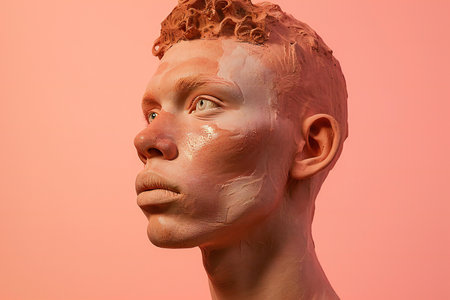 Portrait of a young man with clay face mask. Isolated on pink background.の素材