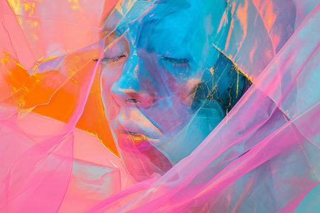 Portrait of a beautiful young woman covered with multicolored foilの素材