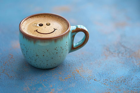 Cup of coffee with smiley face on color background, closeupの素材