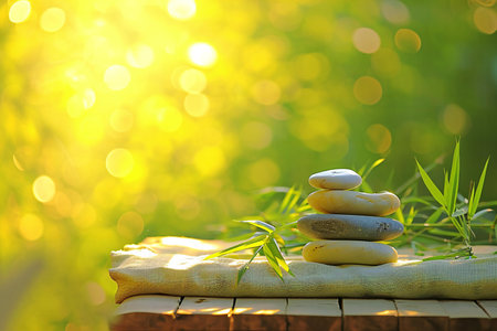 zen stones and bamboo leaves on wooden table with sun light bokeh backgroundの素材