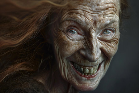 Portrait of an elderly woman with a scary look on her faceの素材