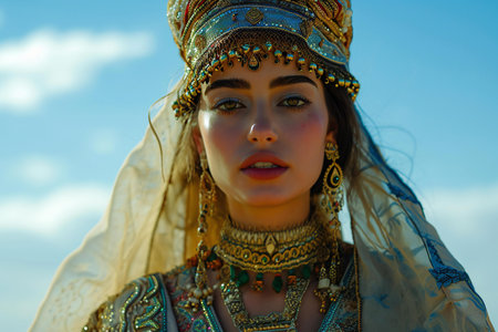 Portrait of a beautiful girl in a headdress on a background of blue skyの素材
