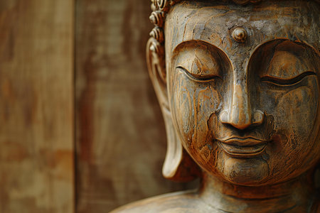 Buddha statue on wooden background, closeup of face.の素材
