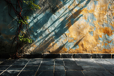 Old grunge wall and brick floor with plant shadow. Abstract backgroundの素材