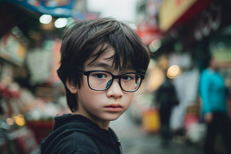 Portrait of a young boy with eyeglasses in the cityの素材
